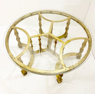 Mid-Century Wrought Gilded Iron and Glass Coffee Table, France, 1940s-FGA-1323558