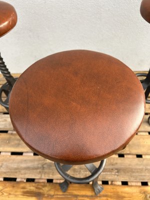 Mid-Century Wrought Iron Bar Stools with Leather Seats, 1970s, Set of 3-WZZ-1762950