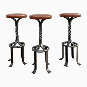 Mid-Century Wrought Iron Bar Stools with Leather Seats, 1970s, Set of 3-WZZ-1762950