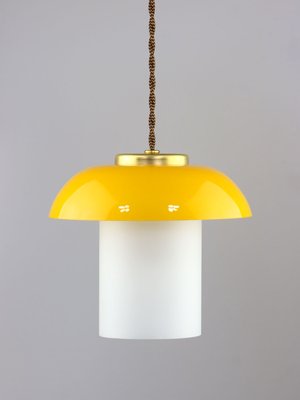 Mid-Century Yellow Glass and Brass Mushroom Pendant Lamp-HGJ-1440880