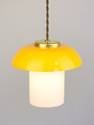 Mid-Century Yellow Glass and Brass Mushroom Pendant Lamp-HGJ-1440880