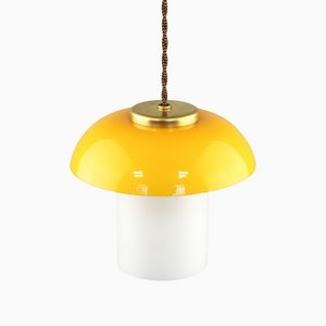 Mid-Century Yellow Glass and Brass Mushroom Pendant Lamp-HGJ-1440880