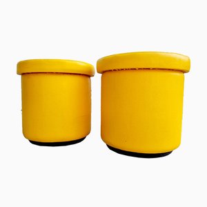 Mid-Century Yellow Leather Poufs, Italy, 1980s, Set of 2-PUG-988377