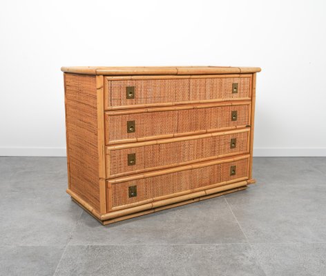 Midcentury Bamboo, Rattan and Brass Chest of Drawers attributed to Dal Vera, Italy, 1970s-LYQ-1758582