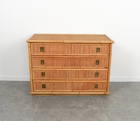 Midcentury Bamboo, Rattan and Brass Chest of Drawers attributed to Dal Vera, Italy, 1970s-LYQ-1758582