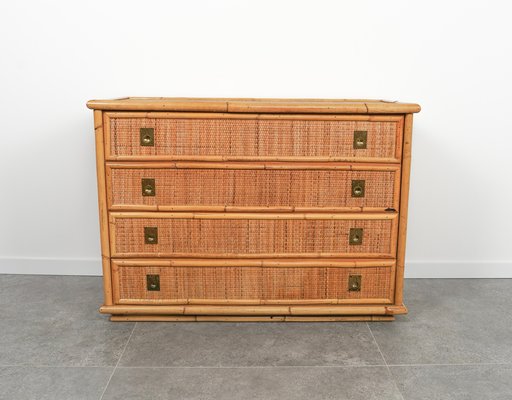 Midcentury Bamboo, Rattan and Brass Chest of Drawers attributed to Dal Vera, Italy, 1970s-LYQ-1758582