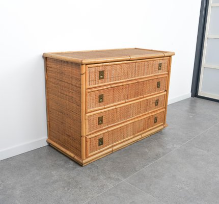 Midcentury Bamboo, Rattan and Brass Chest of Drawers attributed to Dal Vera, Italy, 1970s-LYQ-1758582