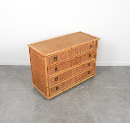 Midcentury Bamboo, Rattan and Brass Chest of Drawers attributed to Dal Vera, Italy, 1970s-LYQ-1758582