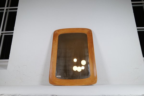 Midcentury Modern Sculptural Wall Mirror in Oak and Crystal Glass, 1960s-UYK-1793988