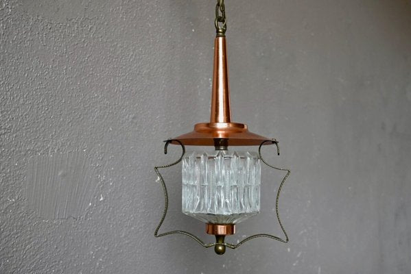 Midcentury Pendant Lamp in Glass and Copper Metal, 1950-AIU-2014798