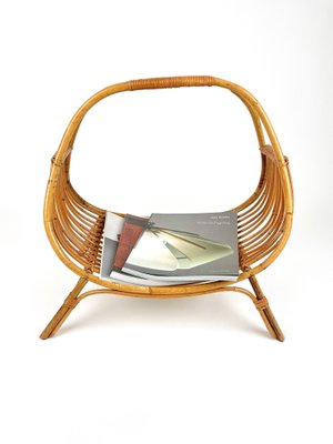 Midcentury Rattan & Bamboo Curved Magazine Rack, Italy, 1960s-LYQ-1258002