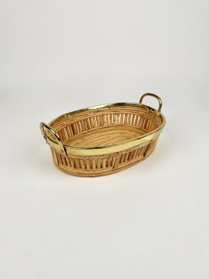 Midcentury Rattan & Brass Centerpiece Basket, Italy, 1970s-LYQ-1258004