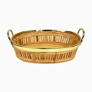 Midcentury Rattan & Brass Centerpiece Basket, Italy, 1970s-LYQ-1258004