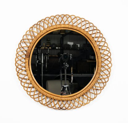 Midcentury Round Wall Mirror in Rattan and Bamboo by Franco Albini, 1960s-LYQ-2035241