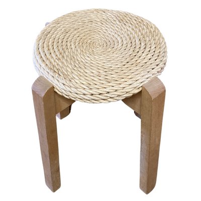 Midcentury Scandinavian Pine Rope Rush Stool-BHG-1283200