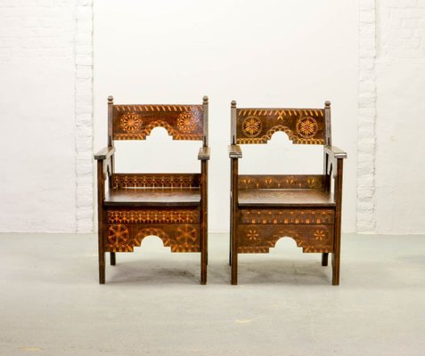 Middle Eastern Decorated Carved Wood Armchairs, 1950s, Set of 2-IXC-895900