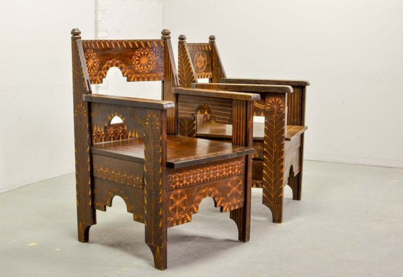 Middle Eastern Decorated Carved Wood Armchairs, 1950s, Set of 2-IXC-895900