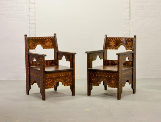 Middle Eastern Decorated Carved Wood Armchairs, 1950s, Set of 2-IXC-895900