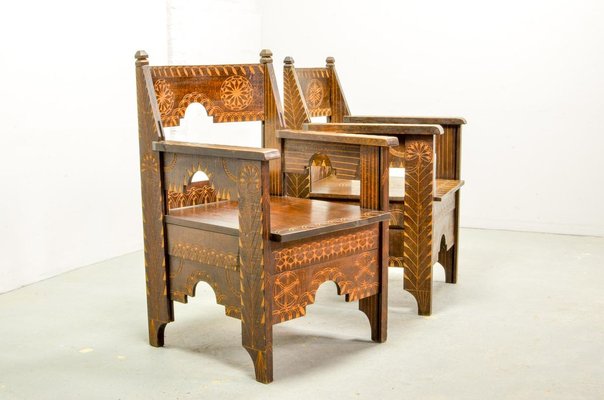 Middle Eastern Decorated Carved Wood Armchairs, 1950s, Set of 2-IXC-895900