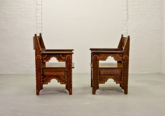 Middle Eastern Decorated Carved Wood Armchairs, 1950s, Set of 2-IXC-895900