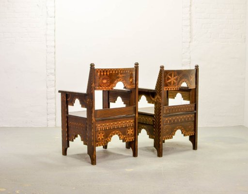 Middle Eastern Decorated Carved Wood Armchairs, 1950s, Set of 2-IXC-895900