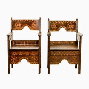 Middle Eastern Decorated Carved Wood Armchairs, 1950s, Set of 2-IXC-895900