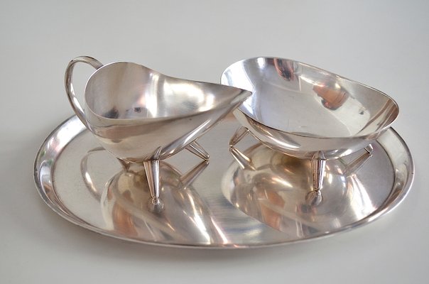 Milk and Sugar Set on Tray by Kurt Meyer for WMF, 1953, Set of 3-OV-1210281