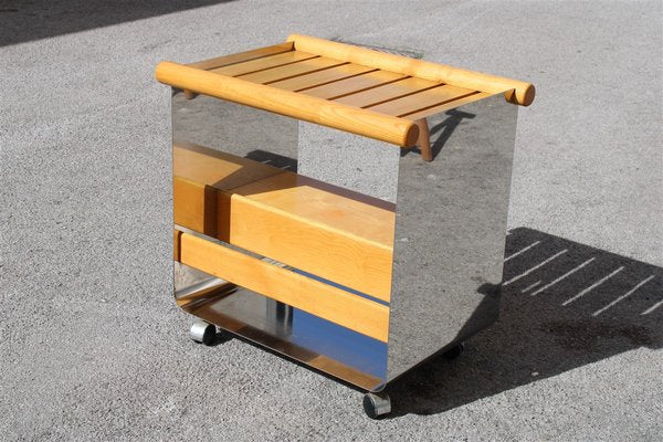 Minimalist Italian Chestnut & Steel Bar Trolley, 1970s-EH-846936