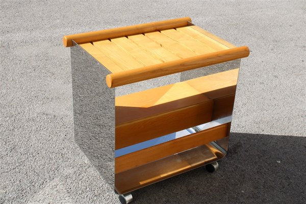 Minimalist Italian Chestnut & Steel Bar Trolley, 1970s-EH-846936