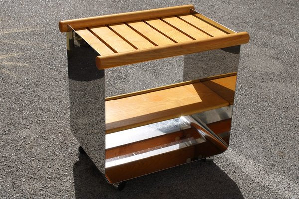 Minimalist Italian Chestnut & Steel Bar Trolley, 1970s-EH-846936