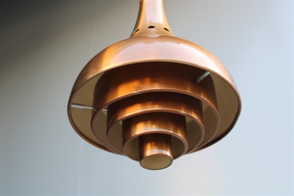 Minimalist Sculptural Copper, Wood, and Brass Ceiling Lamp from Lumi Milano, 1950s-EH-734150