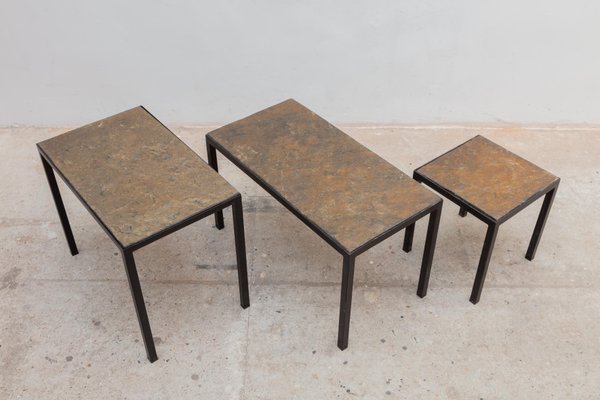 Minimalist Slate Stone and Metal Nesting Tables, Set of 3-KL-876390