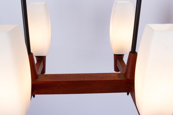 Minimalist Teak and Opal Glass Chandelier attributed to Kaiser, Germany, 1960s-UGR-1735710