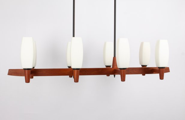 Minimalist Teak and Opal Glass Chandelier attributed to Kaiser, Germany, 1960s-UGR-1735710