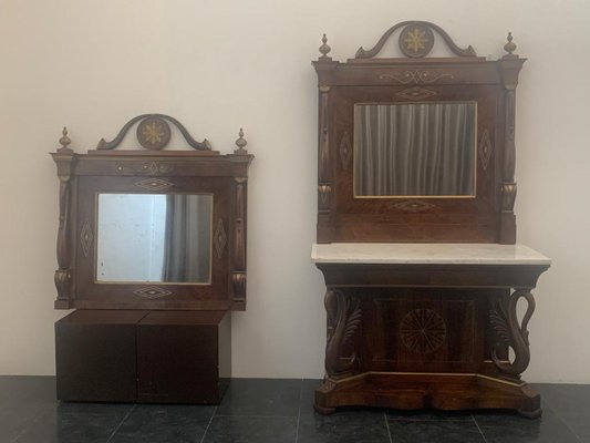 Mirror Console and Fireplace with Brass Inlays and Small Parts, Set of 3-IJR-1219678