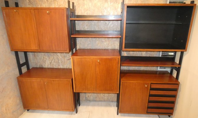 Mobile Bookcase with Wooden Uprights and Black Matt Finishes, 1970s, Set of 3-ERB-1240738