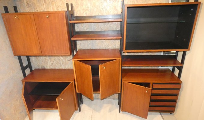 Mobile Bookcase with Wooden Uprights and Black Matt Finishes, 1970s, Set of 3-ERB-1240738