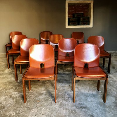 Model 121 Dining Chairs in English Red Leather and Walnut by Afra and Tobia Scarpa for Cassina, 1967, Set of 10-RPH-1017679