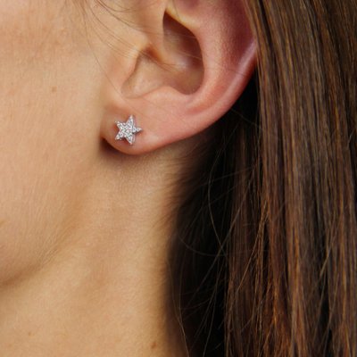 Modern 18 Karat White Gold and Diamond Star Stud Earrings, Set of 2-OLU-1731242