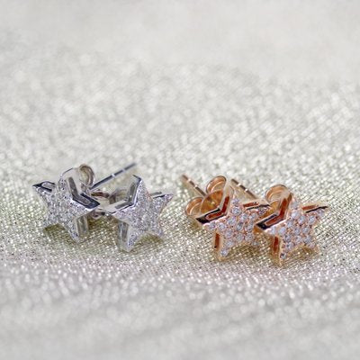 Modern 18 Karat White Gold and Diamond Star Stud Earrings, Set of 2-OLU-1731242