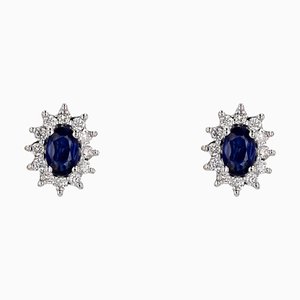 Modern 18 Karat White Gold Daisy Stud Earrings with Sapphire and Diamonds, Set of 2-OLU-1731245