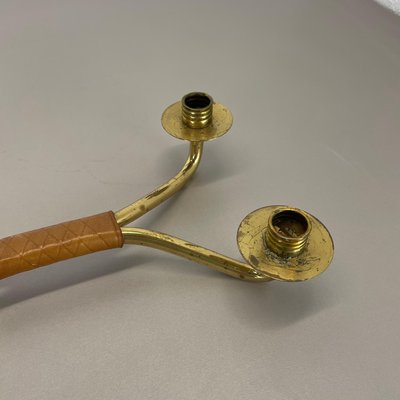 Modern Auböck Style Brutalist Brass and Leather Candleholder, 1950s-QZ-1814032