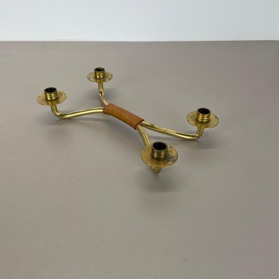 Modern Auböck Style Brutalist Brass and Leather Candleholder, 1950s-QZ-1814032