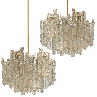 Modern Brass Two-Tiered Ice Glass Chandeliers from Kalmar, 1970s , Set of 2-VDW-902900