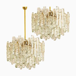 Modern Brass Two-Tiered Ice Glass Chandeliers from Kalmar, 1970s , Set of 2-VDW-902900