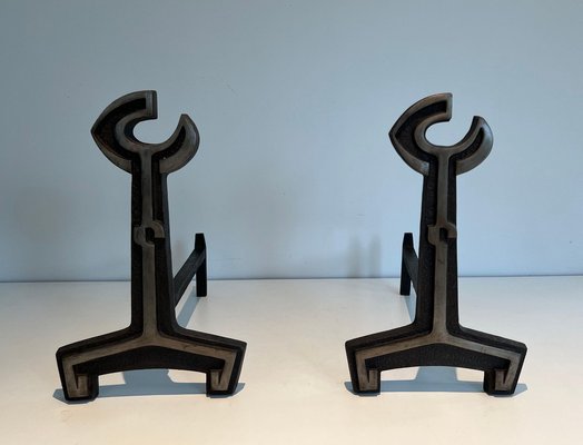 Modern Cast Iron and Wrought Iron Andirons, 1950s, Set of 2-BA-1479947