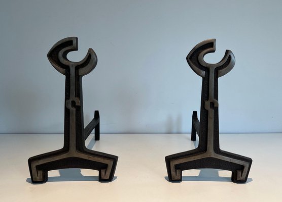 Modern Cast Iron and Wrought Iron Andirons, 1950s, Set of 2-BA-1479947