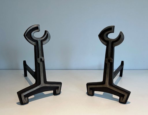 Modern Cast Iron and Wrought Iron Andirons, 1950s, Set of 2-BA-1479947