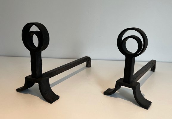 Modern Cast Iron and Wrought Iron Chenets in the style of Jacques Adnet, 1940s, Set of 2-BA-1481501