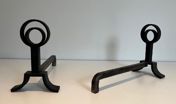 Modern Cast Iron and Wrought Iron Chenets in the style of Jacques Adnet, 1940s, Set of 2-BA-1481501